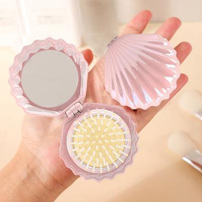 2-in-1 Μίνι Βούρτσα Αερομαξιλαριού με Καθρέφτη Μακιγιάζ Φορητό Κέλυφος Σχήμα Ταξιδιού Χτένα Μαλλιών Γυναίκες Κορίτσια Πτυσσόμενος Στρογγυλός Καθρέφτης Μασάζ Κεφαλής Ξεμπέρδεμα Βούρτσα