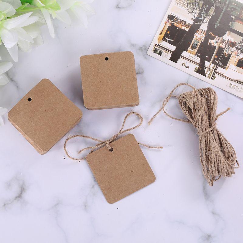 100pcs Blank Square Kraft Paper Gift Hang Tags Wedding Label Price Card Craft with 10m Natural Jute Twine