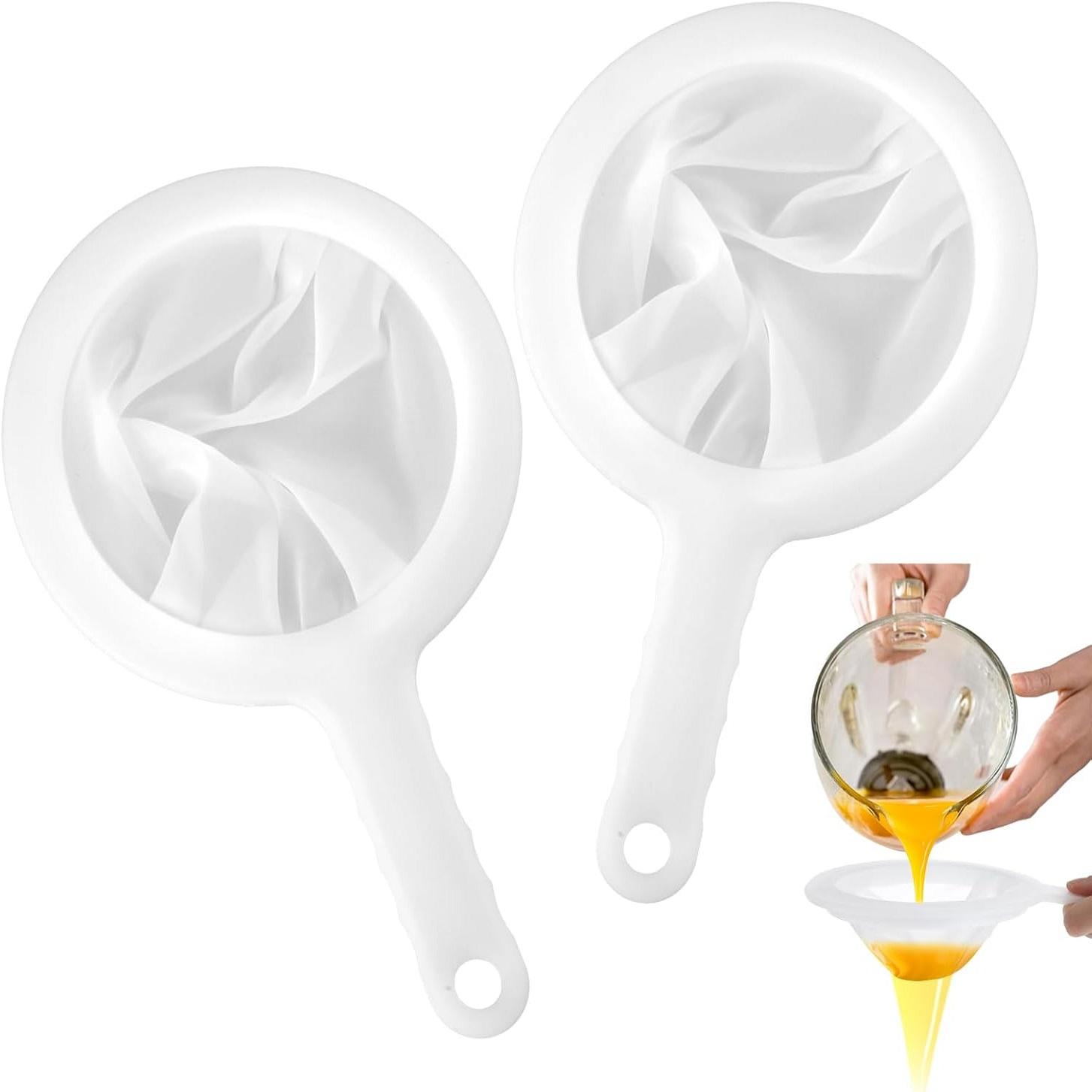 

Двухсекционный сетчатый фильтр из тонкого нейлона, кухонный, для пищевых продуктов, йогурта, сетчатое сито, пластиковый сетчатый дуршлаг с ручкой, мини-сепаратор для артемии 2pcs белый