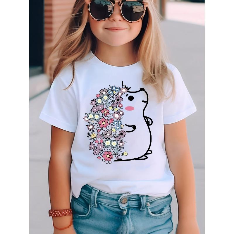European sizes Summer Fashion Short Sleeve T-Shirt for Girls Featuring a Hedgehog Cartoon Design Filled with Flowers