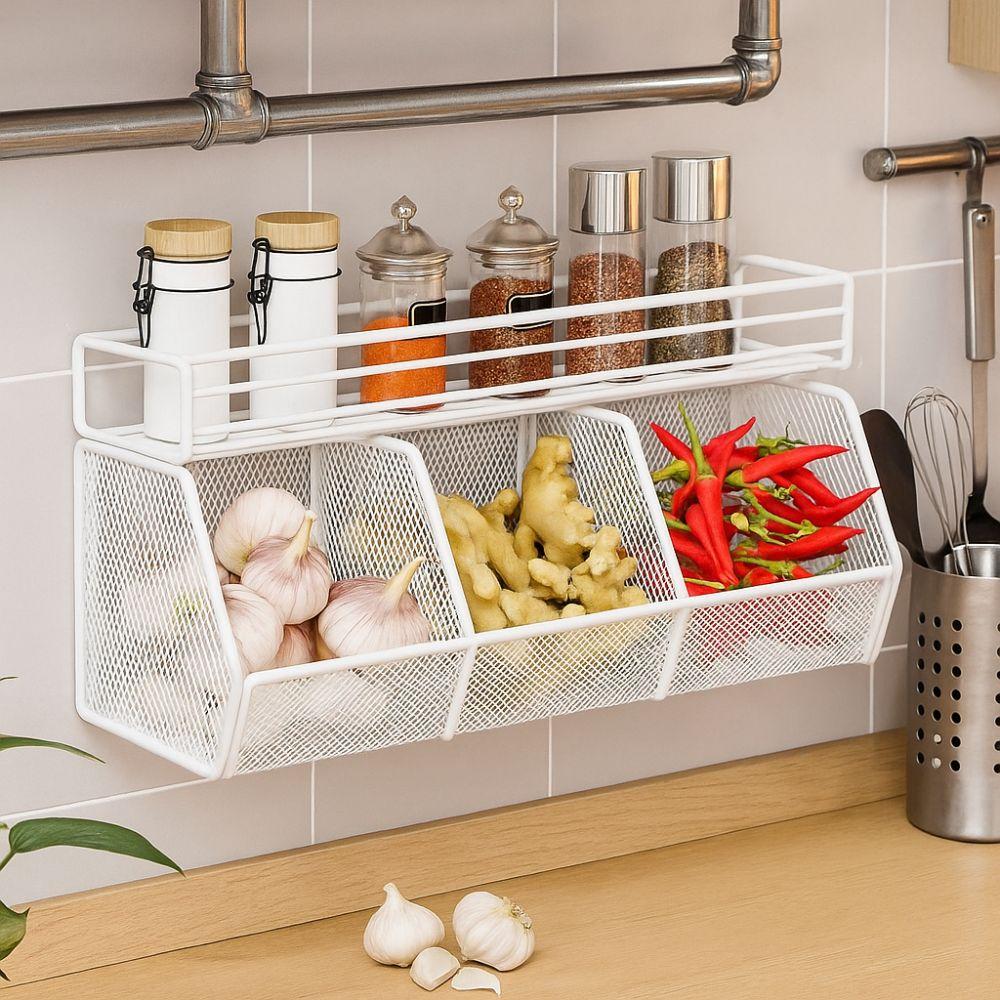 Wall Mounted Kitchen Storage Basket Punch-Free Grid Vegetable Drainage Basket Carbon Steel Spice Storage Shelf Fruit Drainage