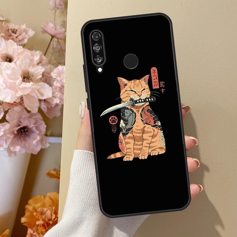 Ukiyo-e Kot Samuraj Neko Ramen Etui Dla Huawei P40 Lite P20 P50 P30 Pro P Smart Z 2019 Nova 5T Pokrowiec Dla Honor 50 Etui