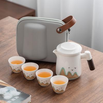 Suet Jade Porcelain Travel Tea Set, a Pot of Four Cups, a Portable Set, a Gift for Customers At the Annual Meeting of the Father's Leading Enterprise