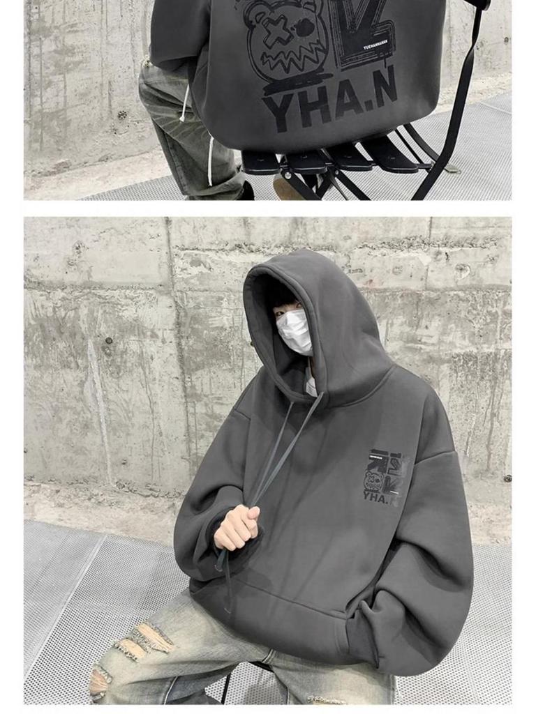 Men's Plus Velvet Hooded Sweatshirt - Large Size, Autumn/Winter, Hip-Hop Style, Trendy Loose Fit, American-Inspired.