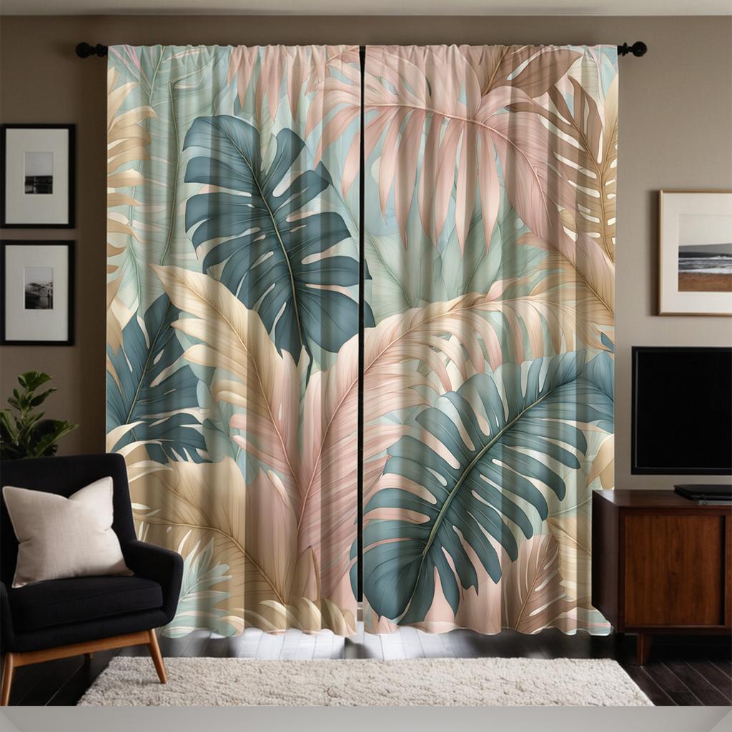 2 szt. Zasłony z nadrukiem liści monstery w kolorach tropikalnej zieleni i różu   tkanina poliestrowa   można prać w pralce   odpowiednie do sypialni, salonów