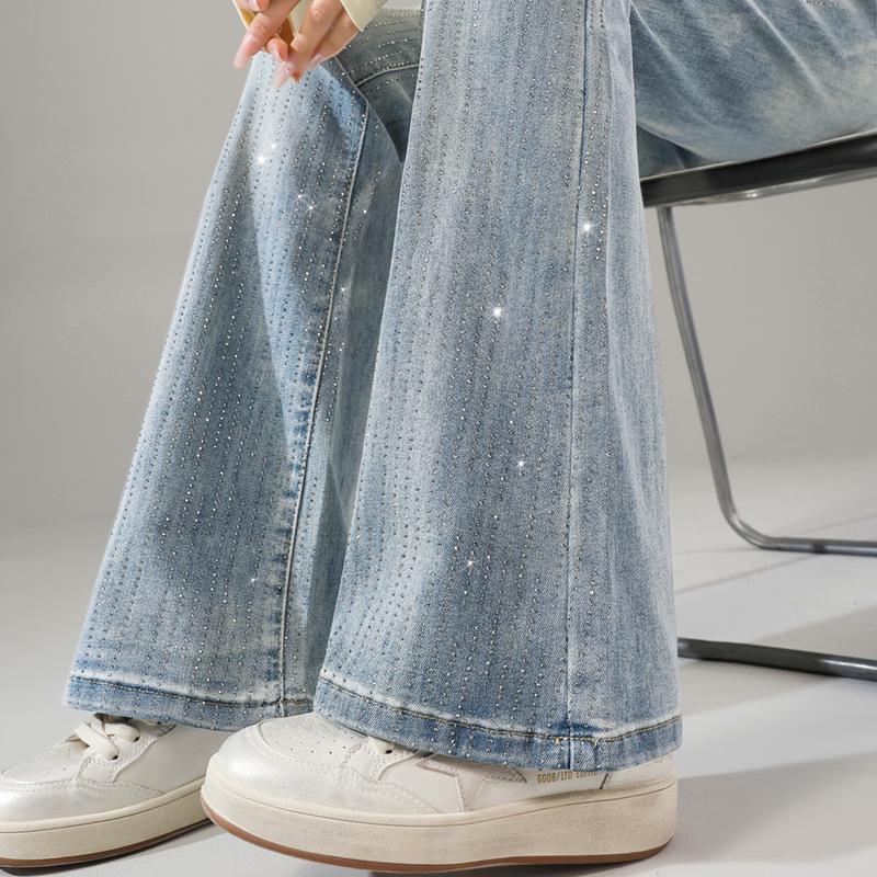 Women's Sparkling Rhinestone Flare Pants - Stretchy, High-Waisted, Slimming Denim for Spring/Autumn