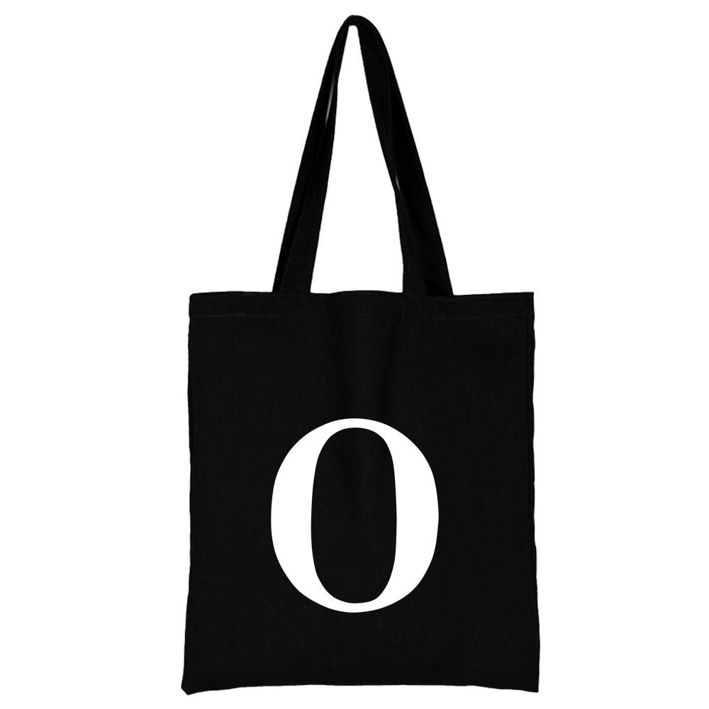 Women's Black Shopping Bag Casual Large-capacity White Letters Initial Name Pattern Printing Series Canvas Shoulder Bag Reusable