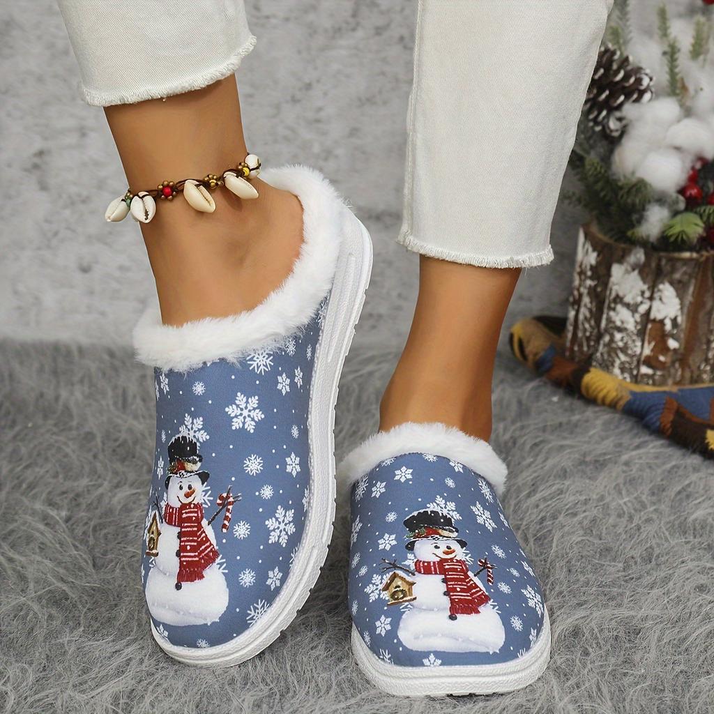 Women'S Winter Slippers Non-Slip TPR Sole Soft Indoor House Shoes with Snowman Design