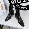 578-10 Retro Hand-Scratched Women's Ankle Boots, European & American Style, Winter Chunky Mid-Heel, Pointed Toe Short Knight Boots