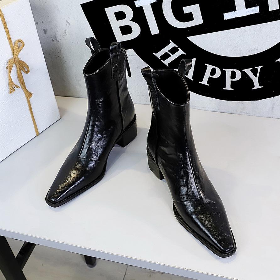 578-10 Retro Hand-Scratched Women's Ankle Boots, European & American Style, Winter Chunky Mid-Heel, Pointed Toe Short Knight Boots