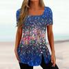 Women's Printing Square Neck Button Short Sleeve Bottom T-shirt Top