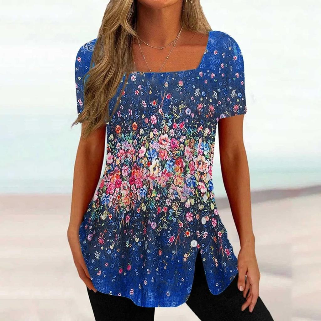Women's Printing Square Neck Button Short Sleeve Bottom T-shirt Top