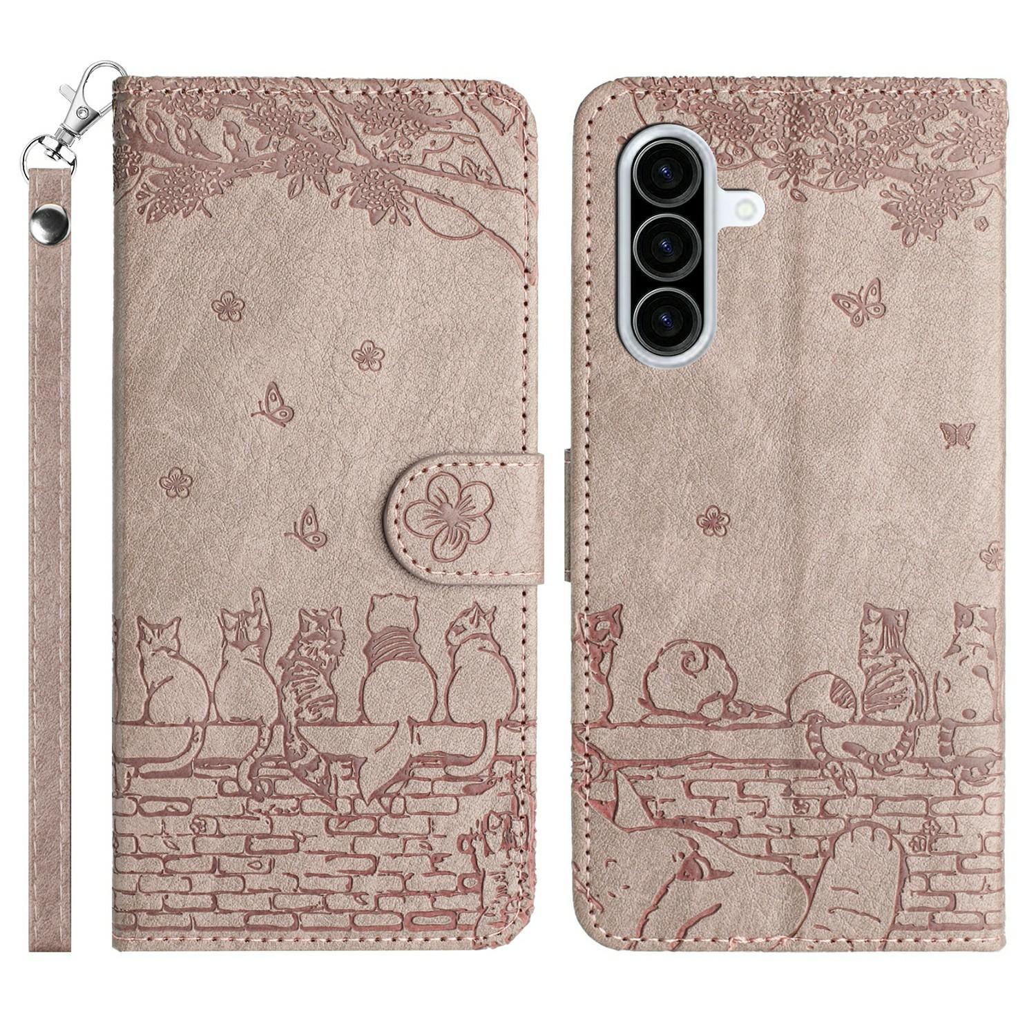 

For Samsung Galaxy A56 5G Case with Wrist Strap Leather Phone Cover Wall Cats Pattern Smoky Purple
