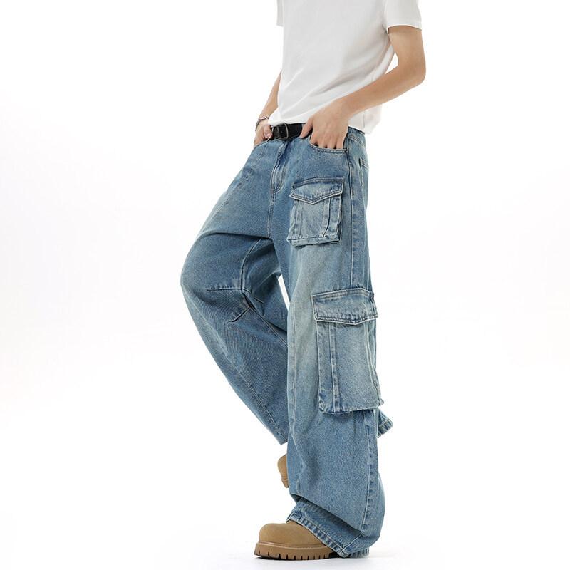 American Heavy Industry Multi-pocket Tooling Jeans Women's and Men's Retro Washed Old Wide-leg Pants Trendy Brand Scimitar Casual Pants