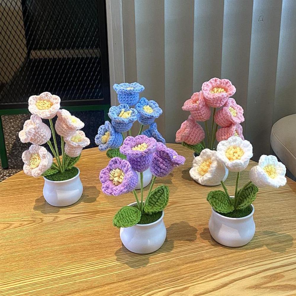 DIY Håndvevd Mini Potteblomst Rose Kontor Skrivebord Prydplanter Ulltråd Ferdig Produkt Hjemmedekorasjon