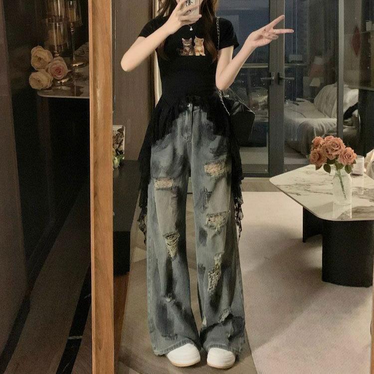 Modisch Bequem Vielseitig Zerrissene Jeans Damen Hohe Taille Große Größe Gerade Locker Schlank Weitbeinige Hosen Jeans für Damen Lange Jeanshosen