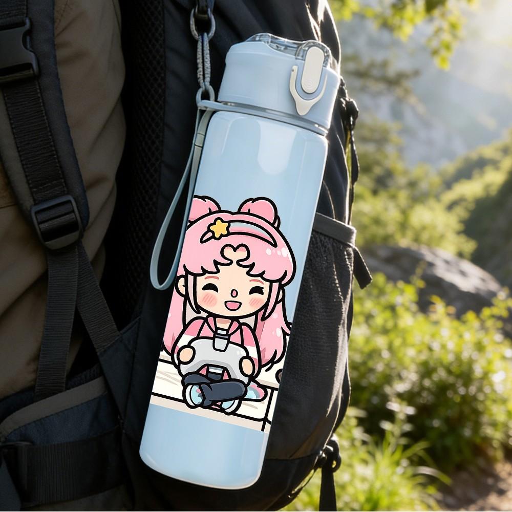 1PC Pink Hair Girl Cute Cat Character Print 750ml Color Plastic Sports Water Bottle Leakproof Flip Straw Lid Suitable for Sports Office Home Use