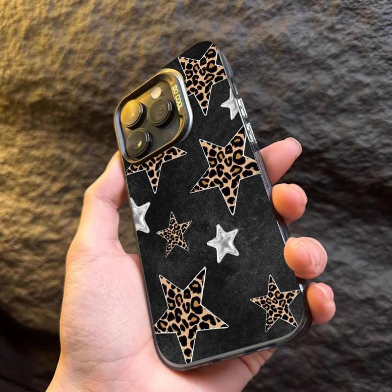 Leopard Silver Star Pattern Phone Case Suitable for iPhone 17 16 15 14 13 12 11 Pro/Max/Plus Anti Drop and Shockproof Back Cover