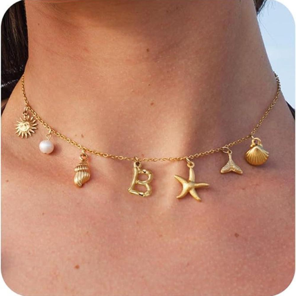 Gold Color Shell Necklace Copper Pearl Choker Simple Letter Pendant Necklace  Women
