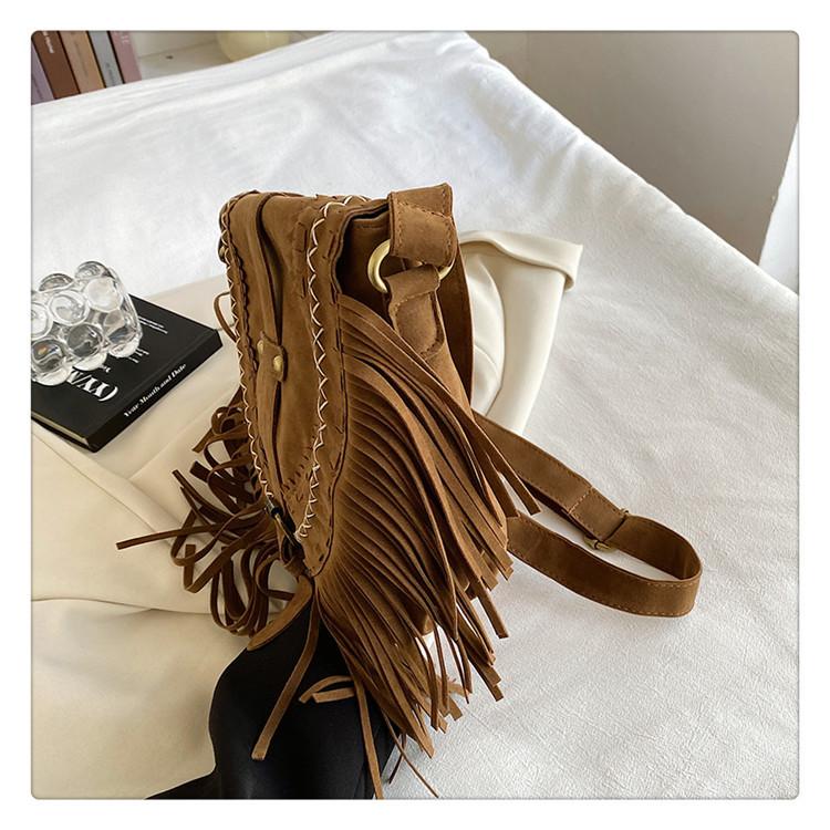 Tassel Bag Brown Retro Western Denim Bag Niche Ethnic Bohemian Messenger Bag Women's Trendy Shoulder Bag