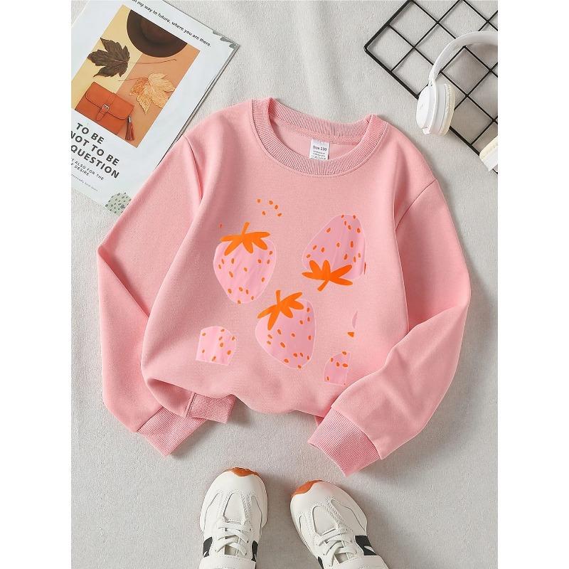 European sizes Kids' Crewneck Sweatshirt - Pink Strawberries with Orange Seeds , Sportswear And Casual Wear, Soft And Comfortable, Children's Clothing