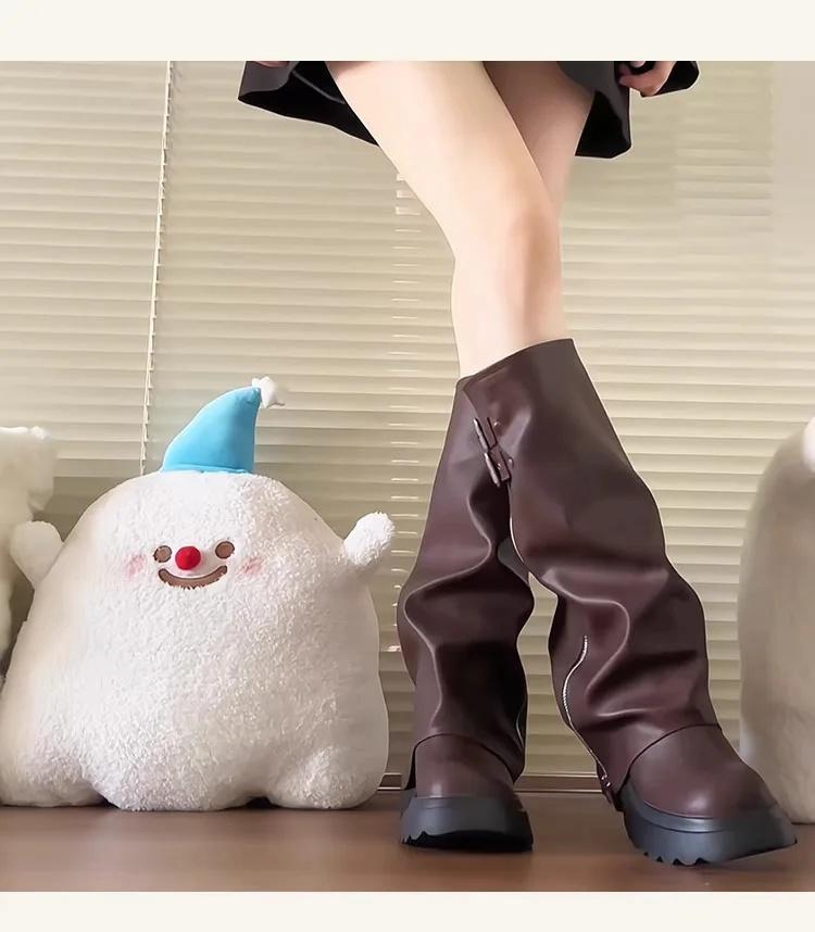 Fashion Women's Western Style High Tube Boots Thick Bottom Heightening Big Head Stackable Ankle Boots Round Toe Rubber Outsole