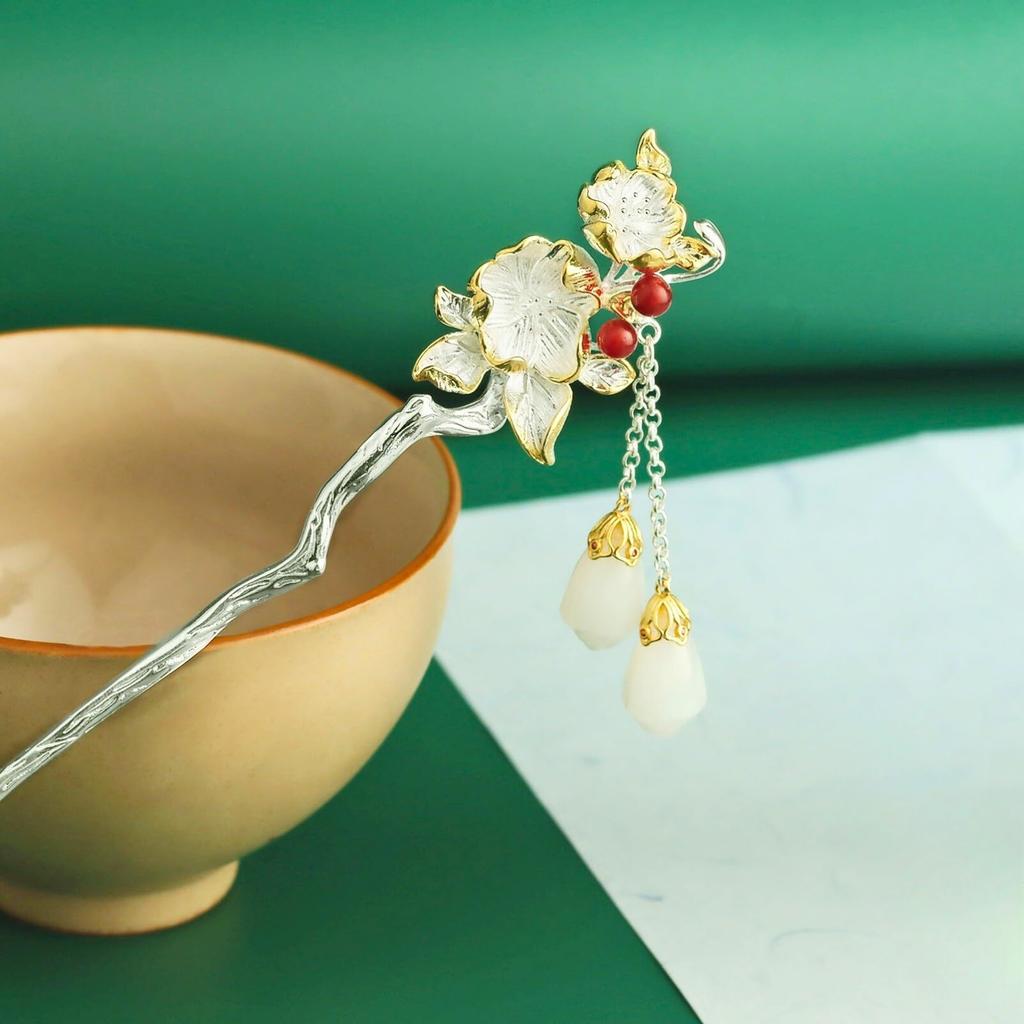 [Miaomyao] Kanzashi (hair ornament), single piece, for Japanese clothing, yukata, kimono, pearl, jade, golden branch and leaf design, silver hair