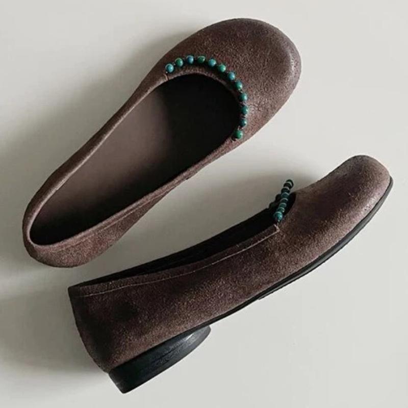 Fashion High Quality Faux Suede Round Toe Flat Sandals Women Vintage String Bead Shallow Flat Mary Jane Shoes Comfortable Ballet Flats