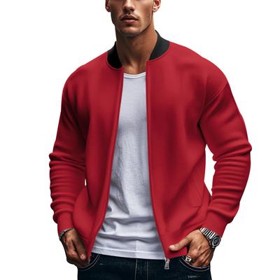 Men Solid Color Baseball Collar Zip Up Bomber Jacket Long Sleeve Casual Coat