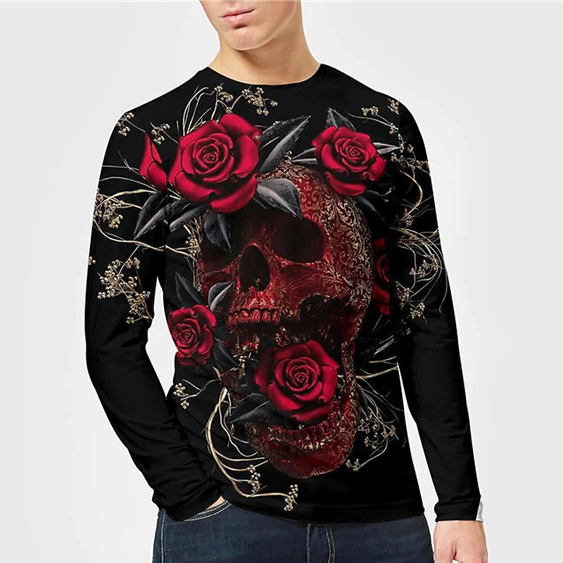 

Футболки с принтом 3D Skull Series, мужские футболки с круглым вырезом и розой, мужские футболки с длинным рукавом 5XL