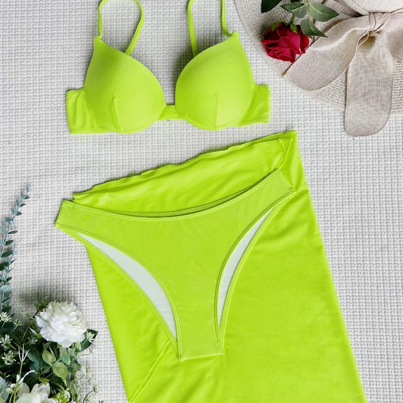 

Сексуальный женский купальник, сплошной цвет, пуш-ап, бикини из трех частей, бразильская пляжная одежда, купальные костюмы L зелёный