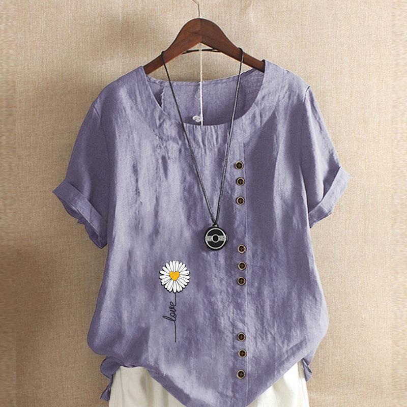 Women's Fashion Chrysanthemum Prined Short Sleeve T-shirt Loose Cotton Shirt Casual Loose Summer Blouse Tops Plus Size