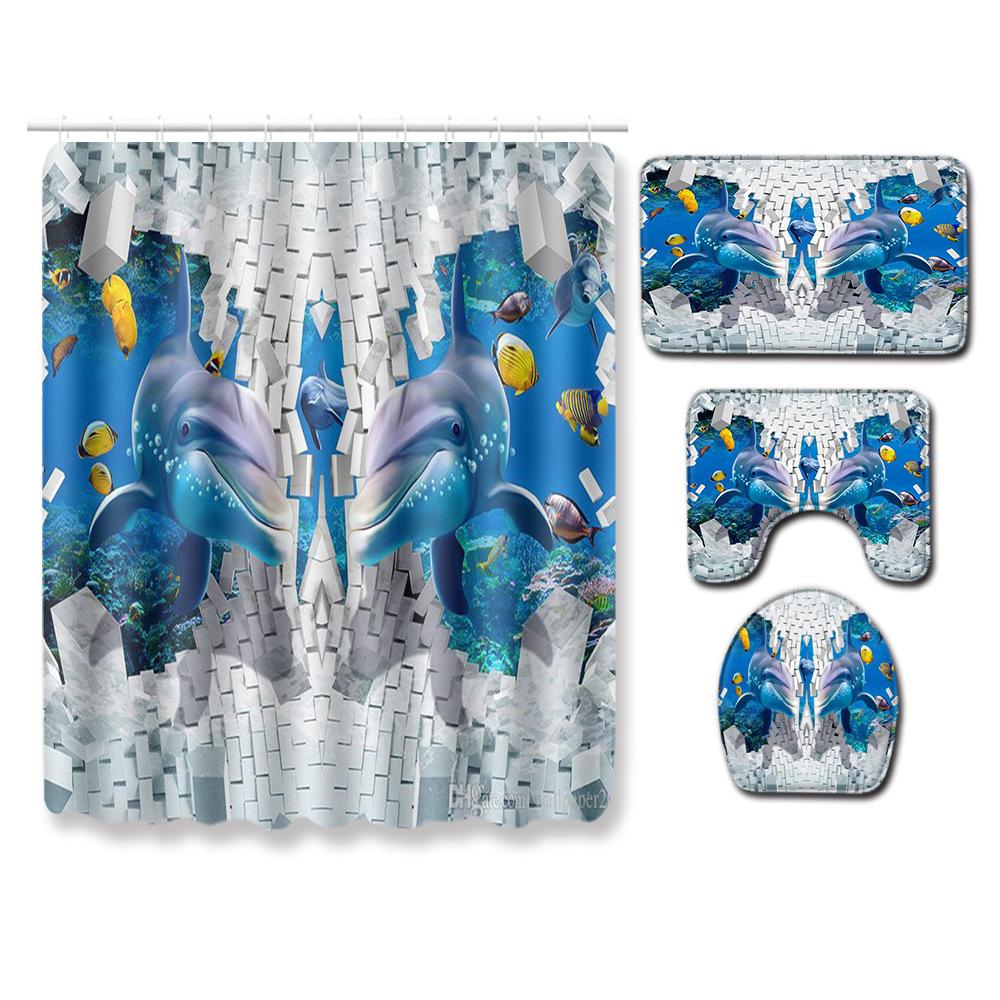 Fashion Sea World Dolphin Shower Curtain Set Bathroom Non-Slip Bath Mat Toilet Lid Cover Polyester Waterproof