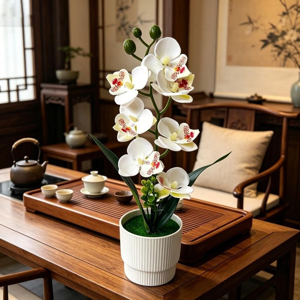 Pink Artificial Orchid Potted Flower with White Pot Artificial Faux Plants Indoor Decoration