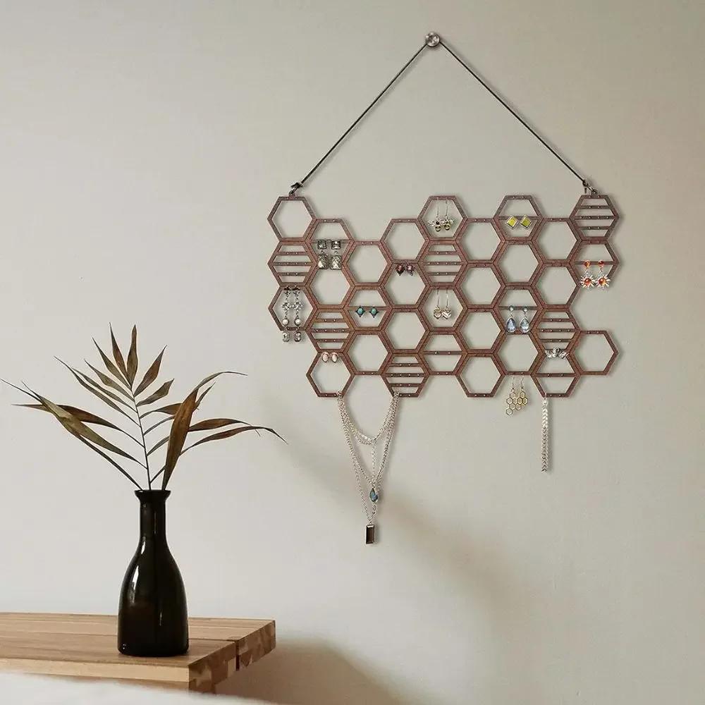 Hanging Earring Holder, Honeycomb Earring Organizer Wall Mount Earring Display Wood Hanging Jewelry Organizer For Stud Earrings