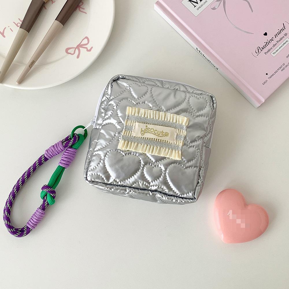Ins-style Girl's Silver Shiny Bow Square Mouth Red Envelope Student Sanitary Napkin Storage Bag, Portable Small Square Bag