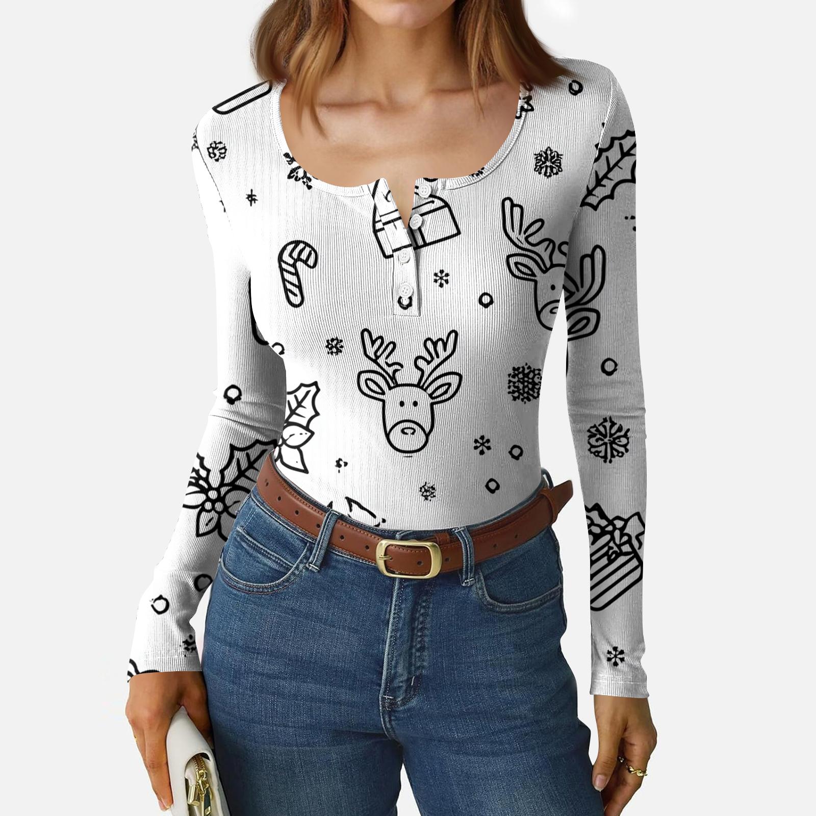 

Women s Casual Fashion Christmas Print Button Long Sleeve Top S