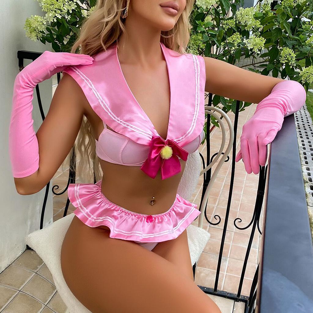Women Teddy Lingerie Set School Girl Costume Cute Bow Bra and Panties Ruffled Skirt Glove Set for Babydoll Sleepwear