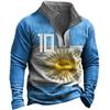 Argentina Flag Print Long Sleeve Polo Shirt, Number 10, Casual Sportswear