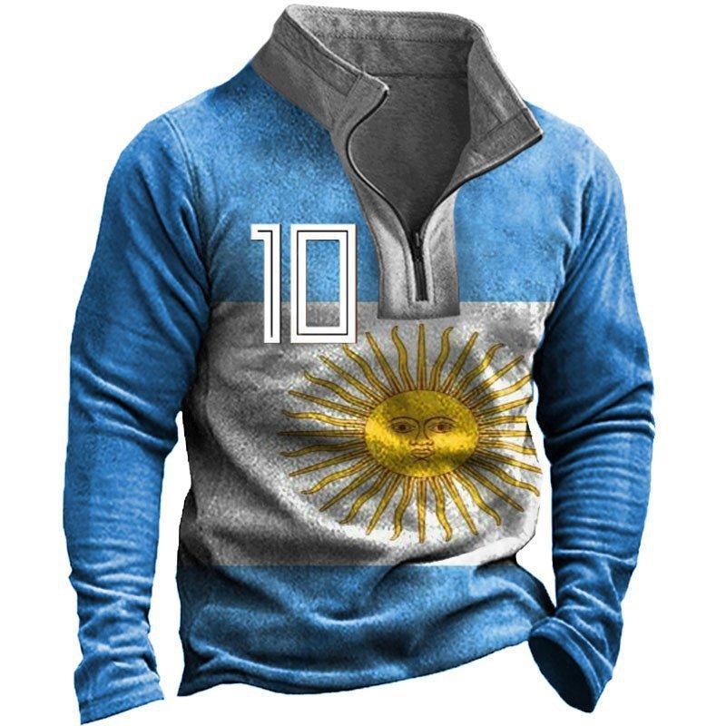 Argentina Flag Print Long Sleeve Polo Shirt, Number 10, Casual Sportswear