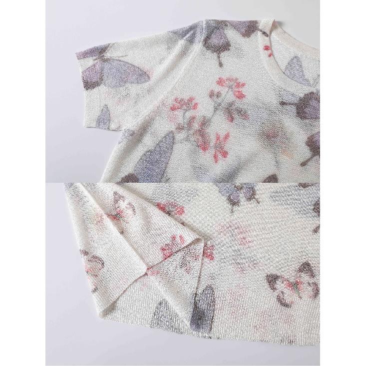 Women Summer Short Sleeve Knitted Sweater V-Neck Lightweight Pullover Tops Elegant Butterfly Floral Print