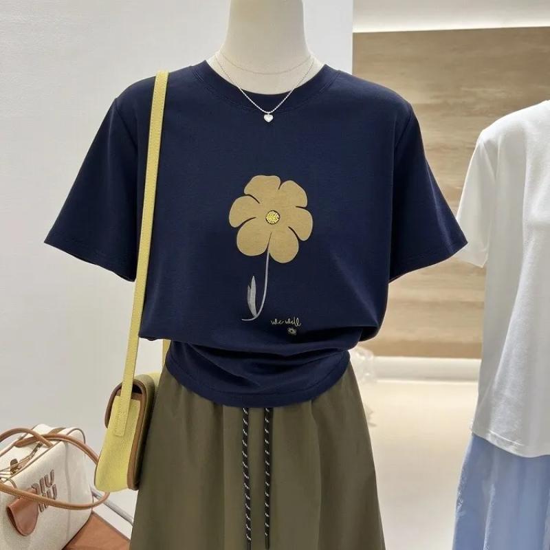 

Navy Floral Print Short Sleeve T-Shirt Women s Summer New Loose Slimming Pure Cotton Top S синій
