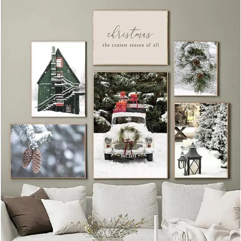 Nordisches Weihnachtsgeschenk Grünes Haus Rentier Eichhörnchen Wandkunst Leinwandmalerei Poster und Drucke Wandbilder für Wohnzimmerdekoration