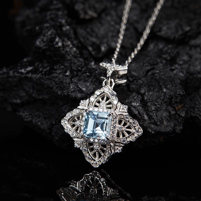 Vintage Court Hollow S925 Sterling Silver Inlaid With Natural Topaz Pendant, Colorful Treasure Necklace, Women'S Model
