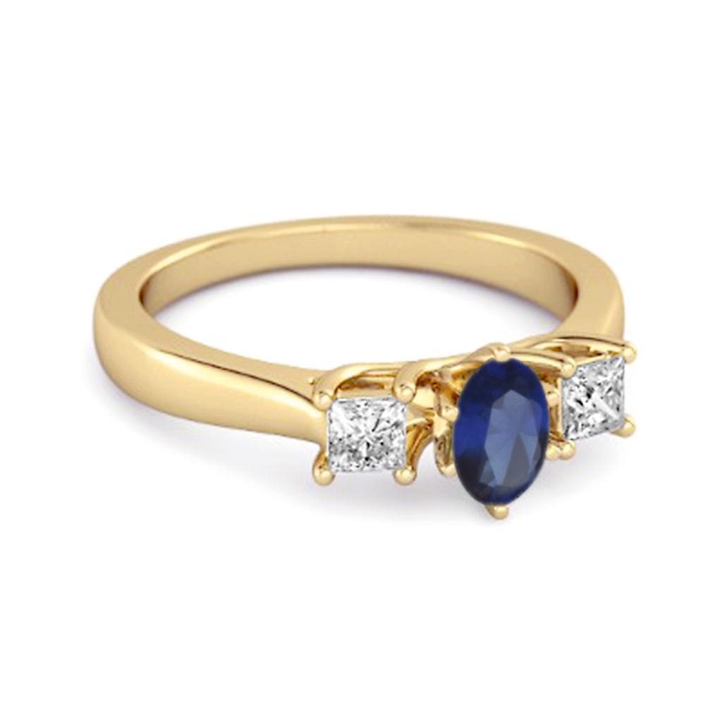 Anillo Elegante de Tres Piedras con Zafiro Azul - Plata de Ley 925 Chapado en Oro