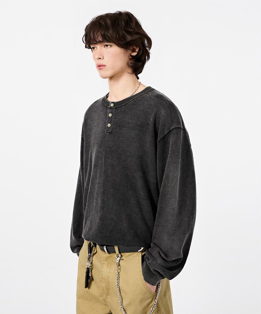Dimiteulibeullaeg Daily Washable Pigment Henley Neck Round Knit_Charcoal