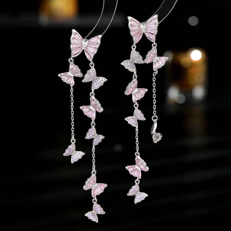 Temperament Cubic Zirconia Inlaid Decorative Facial Earrings Long Tassel Flying Butterfly Earrings