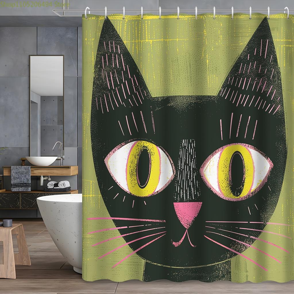 Stylish Black Cat Face Shower Curtain Machine Washable All Season Waterproof Privacy Protection Art Design Modern 12Hooks