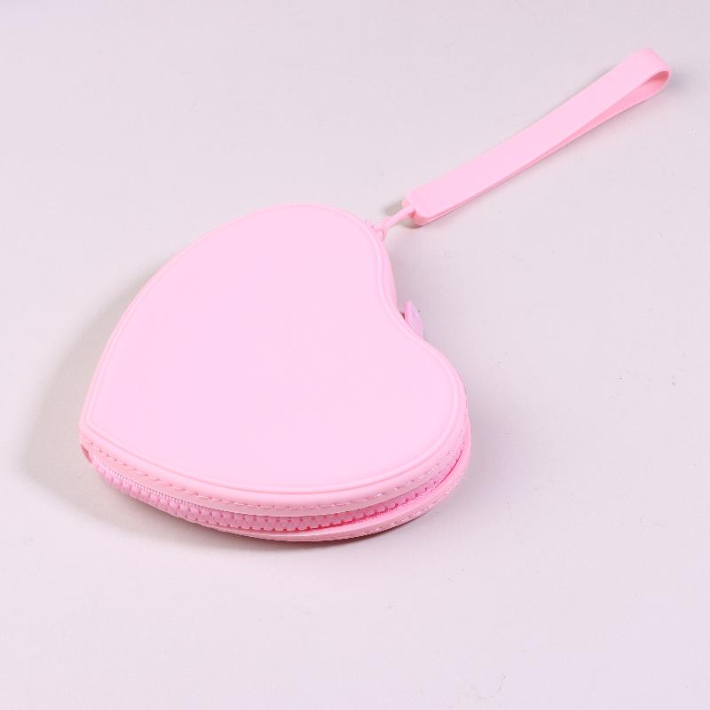 Portable Silicone Coin Purse Waterproof Heart-Shaped Small Wrist Wallet Solid Color Zipper Travel Sundries Storage Bag