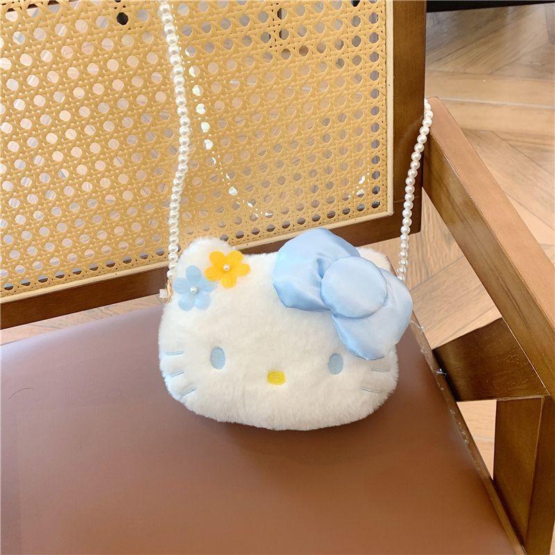 Pearl Chain Kitty Crossbody Bag Cute Plush Shoulder Bag Cat Storage Bag Kawaii Girl Women's Tote Pouch Children's Coin Purse